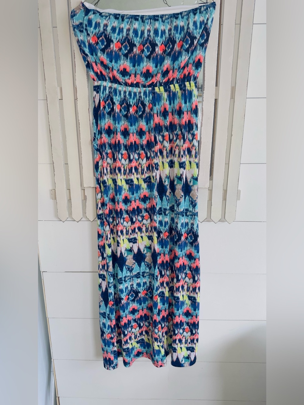 Three Pink Hearts Strapless Maxi Dress in Blue Multi Ikat Print